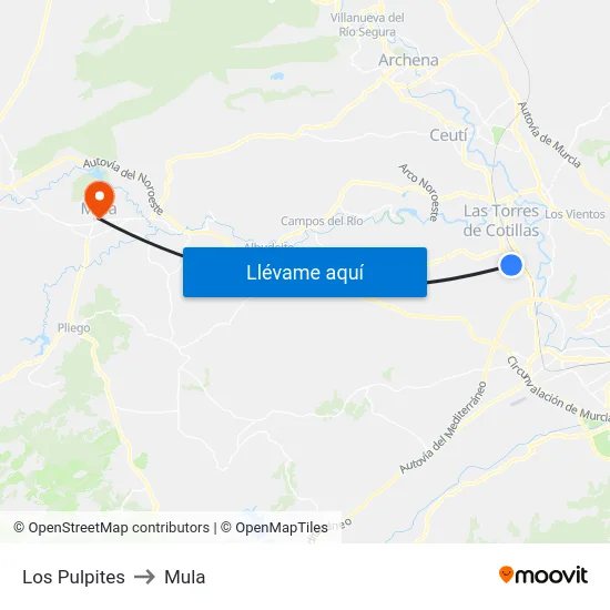 Los Pulpites to Mula map