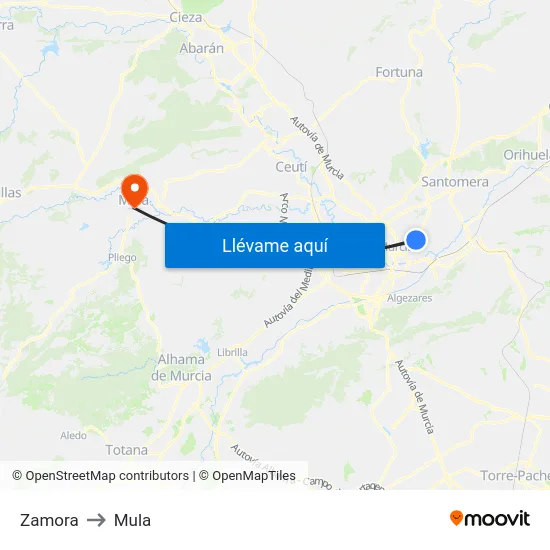 Zamora to Mula map