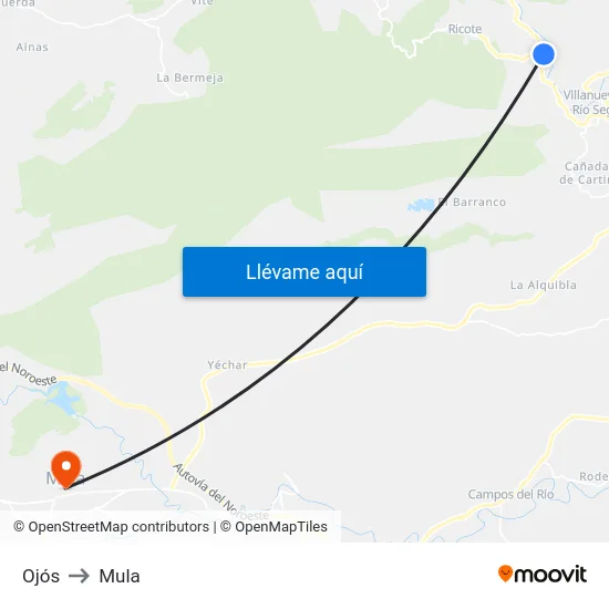 Ojós to Mula map