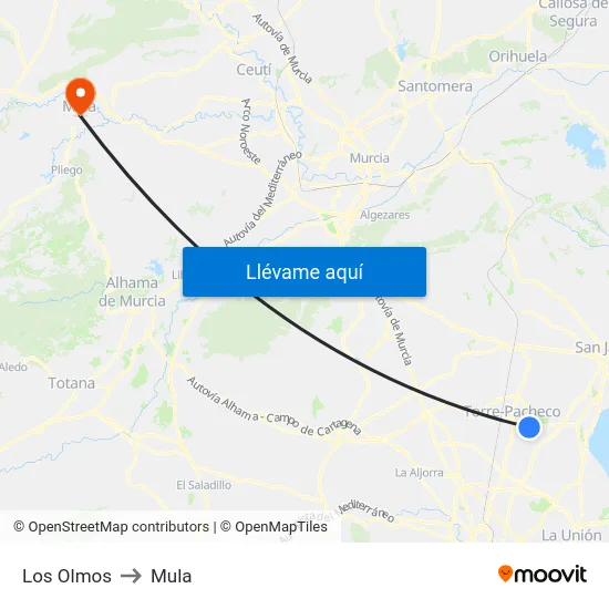 Los Olmos to Mula map