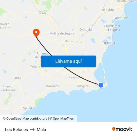 Los Belones to Mula map