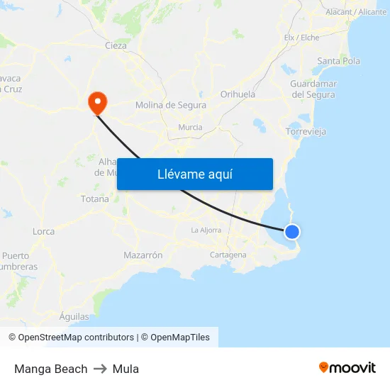 Manga Beach to Mula map