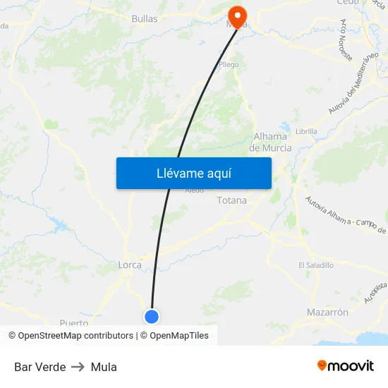 Bar Verde to Mula map