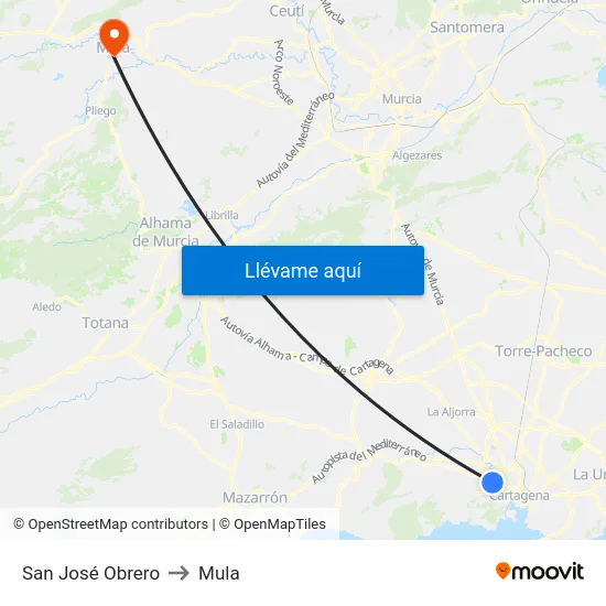 San José Obrero to Mula map