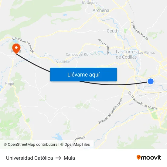 Universidad Católica to Mula map