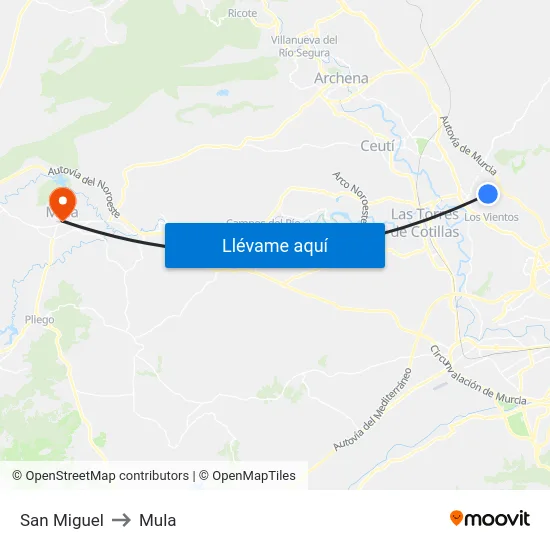 San Miguel to Mula map