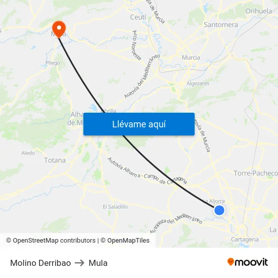 Molino Derribao to Mula map