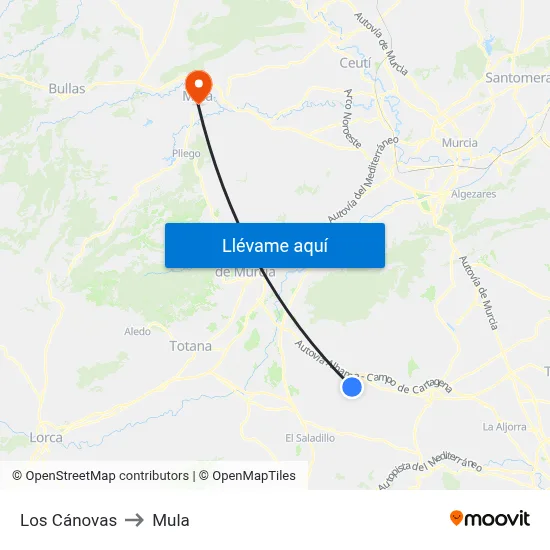 Los Cánovas to Mula map