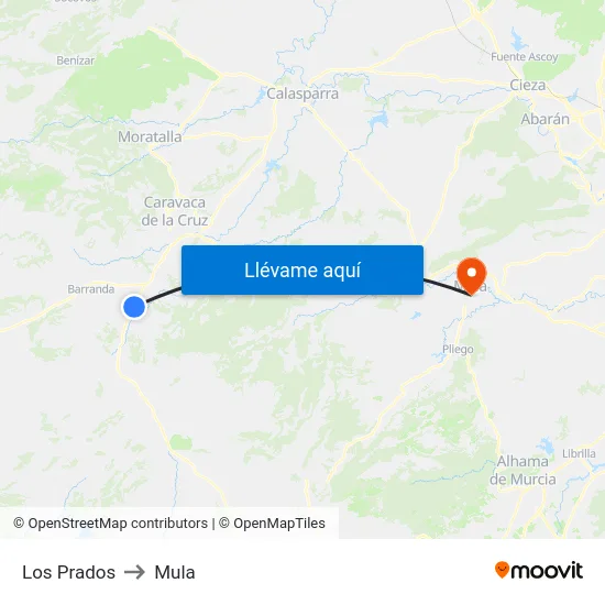 Los Prados to Mula map