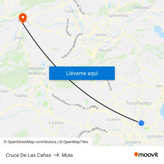 Cruce De Las Cañas to Mula map