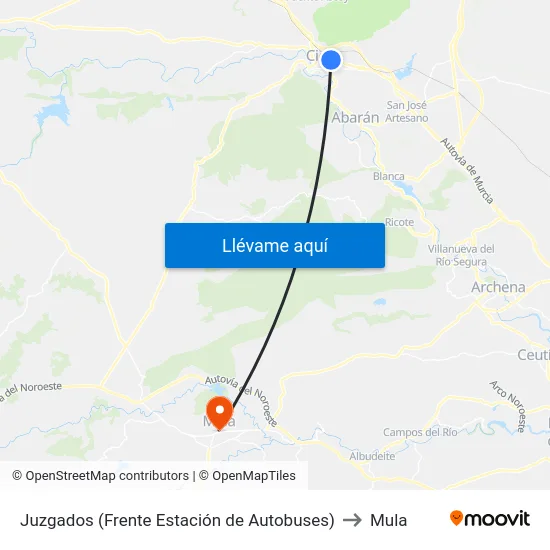 Juzgados (Frente Estación de Autobuses) to Mula map
