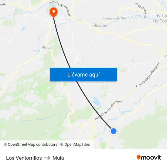 Los Ventorrillos to Mula map