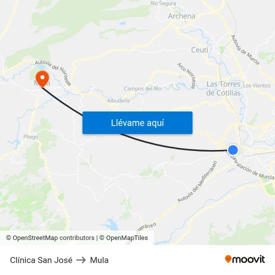 Clínica San José to Mula map