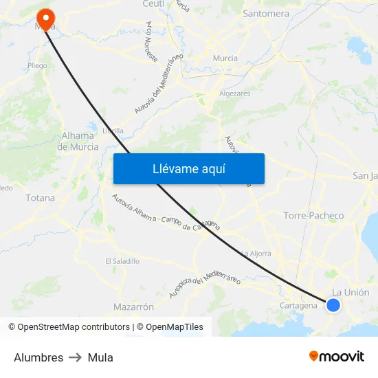 Alumbres to Mula map