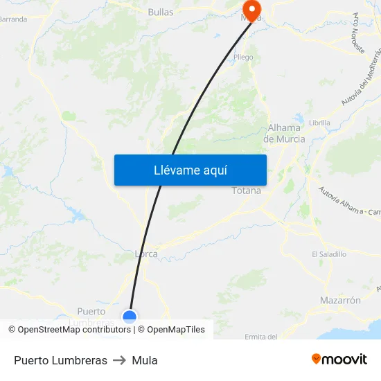 Puerto Lumbreras to Mula map