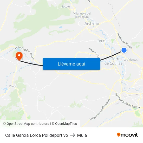 Calle García Lorca Polideportivo to Mula map