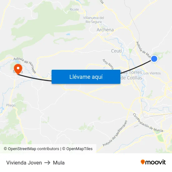 Vivienda Joven to Mula map