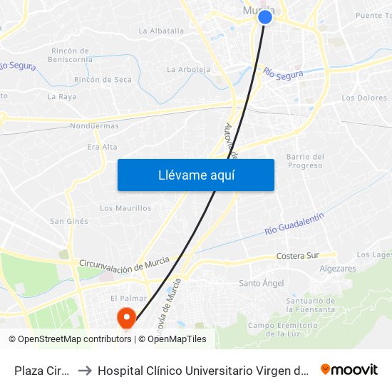 Plaza Circular to Hospital Clínico Universitario Virgen de La Arrixaca map