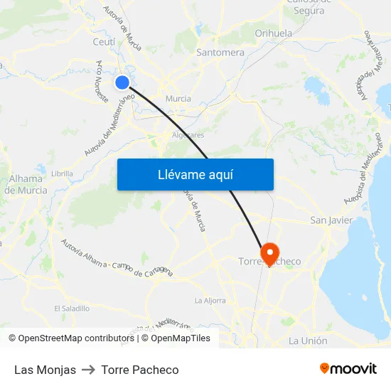 Las Monjas to Torre Pacheco map