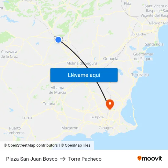 Plaza San Juan Bosco to Torre Pacheco map