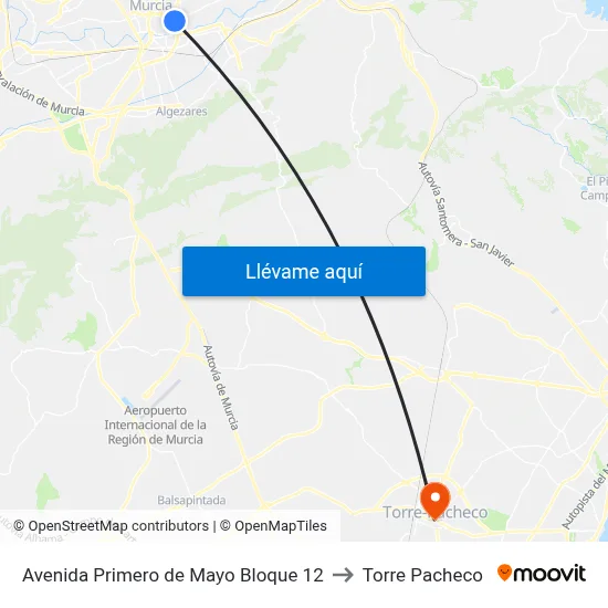 Avenida Primero de Mayo Bloque 12 to Torre Pacheco map