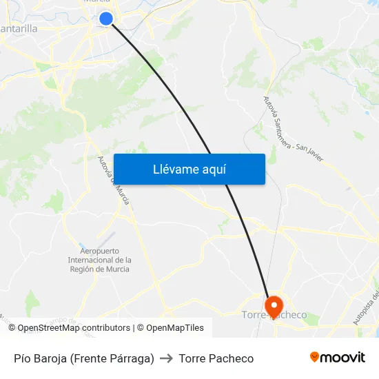 Pío Baroja (Frente Párraga) to Torre Pacheco map
