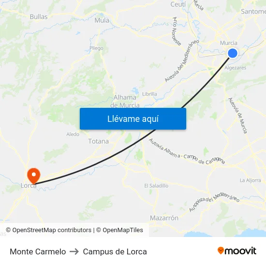 Monte Carmelo to Campus de Lorca map