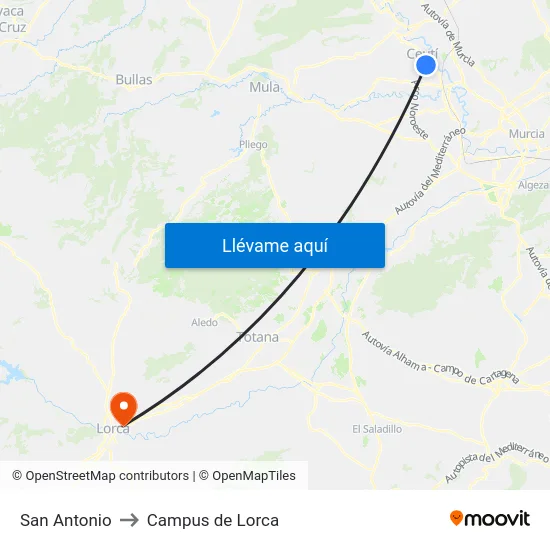 San Antonio to Campus de Lorca map