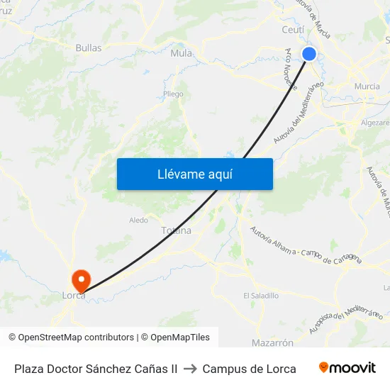 Plaza Doctor Sánchez Cañas II to Campus de Lorca map