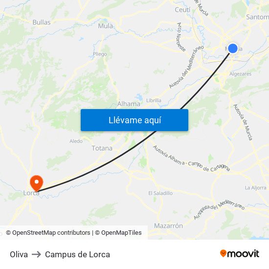 Oliva to Campus de Lorca map