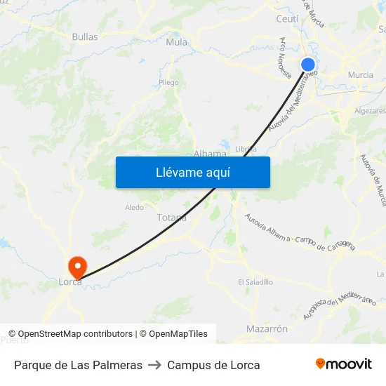 Parque de Las Palmeras to Campus de Lorca map