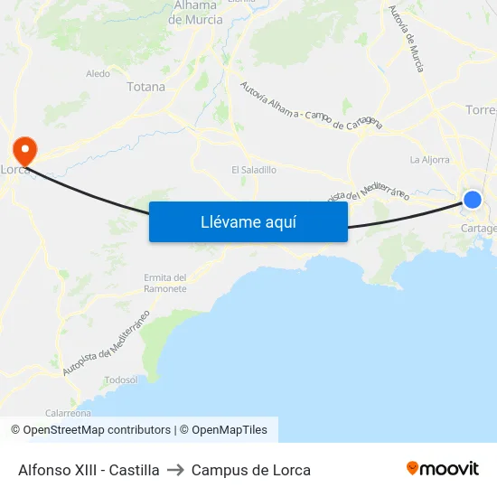 Alfonso XIII - Castilla to Campus de Lorca map