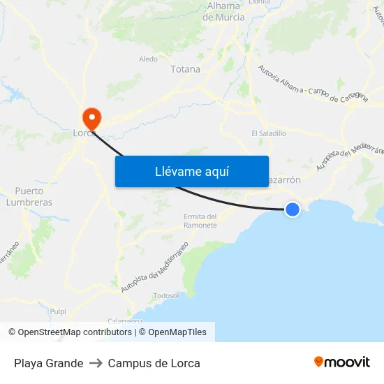 Playa Grande to Campus de Lorca map