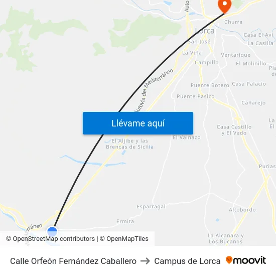 Calle Orfeón Fernández Caballero to Campus de Lorca map