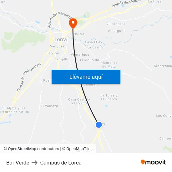 Bar Verde to Campus de Lorca map