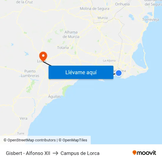 Gisbert - Alfonso XII to Campus de Lorca map
