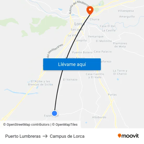 Puerto Lumbreras to Campus de Lorca map