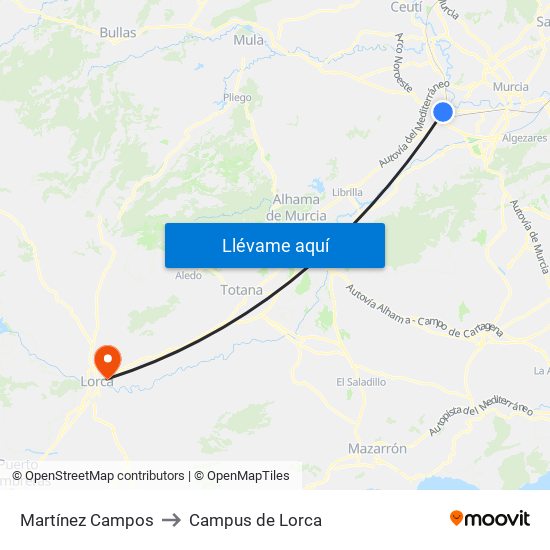 Martínez Campos to Campus de Lorca map