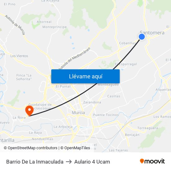 Barrio De La Inmaculada to Aulario 4 Ucam map