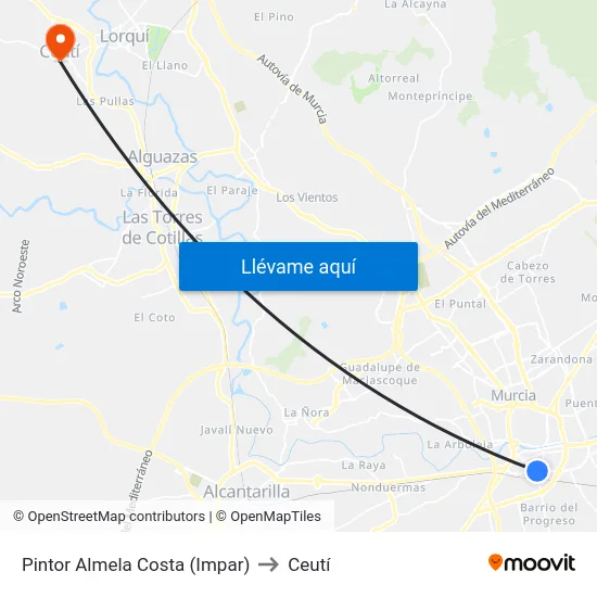 Pintor Almela Costa (Impar) to Ceutí map