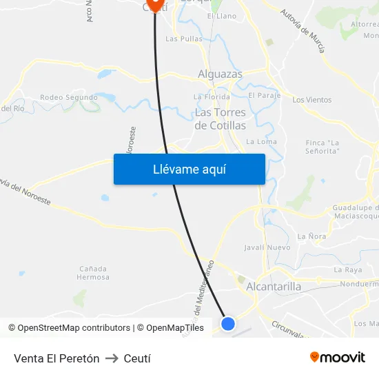 Venta El Peretón to Ceutí map