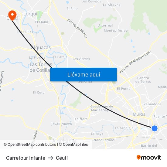 Carrefour Infante to Ceutí map