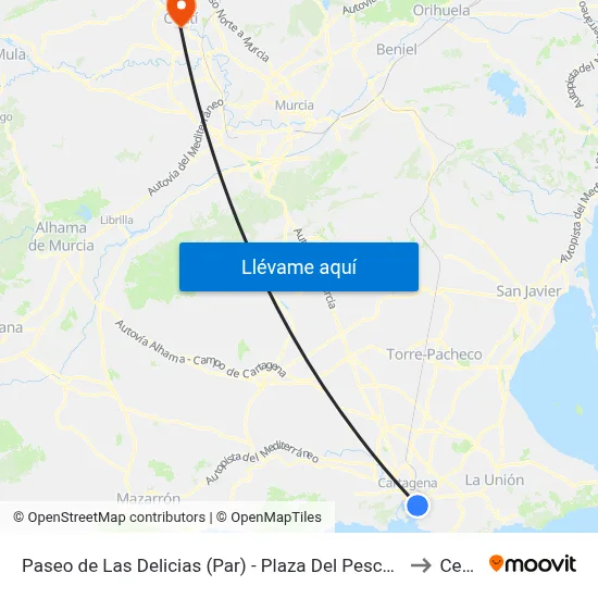 Paseo de Las Delicias (Par) - Plaza Del Pescador to Ceutí map