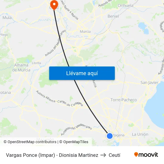 Vargas Ponce (Impar) - Dionisia Martínez to Ceutí map