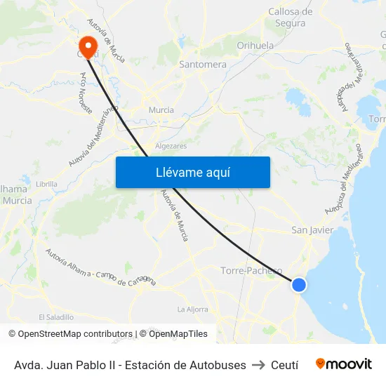 Avda. Juan Pablo II - Estación de Autobuses to Ceutí map