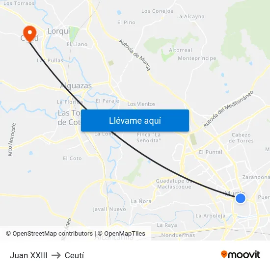 Juan XXIII to Ceutí map