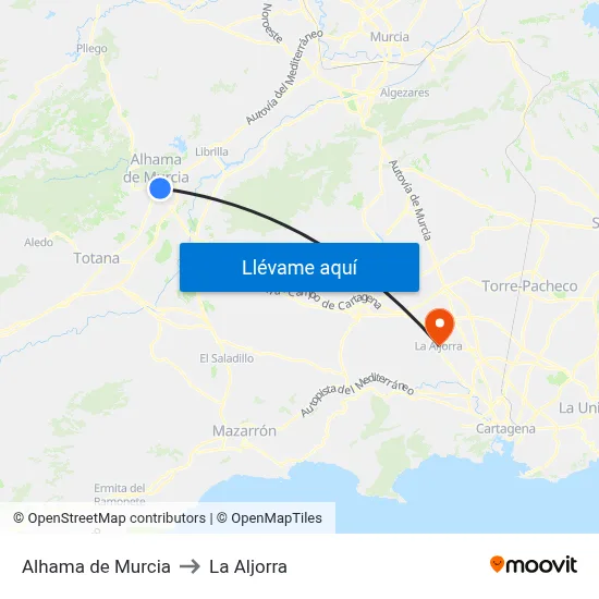 Alhama de Murcia to La Aljorra map