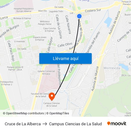 Cruce de La Alberca to Campus Ciencias de La Salud map