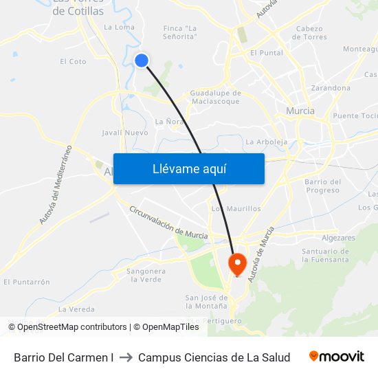 Barrio Del Carmen I to Campus Ciencias de La Salud map