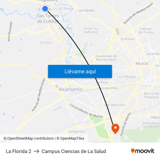 La Florida 2 to Campus Ciencias de La Salud map